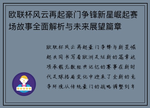 欧联杯风云再起豪门争锋新星崛起赛场故事全面解析与未来展望篇章